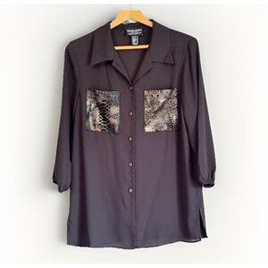 Frank Lyman Womens Button Up Sheer Top Size 6 Black Artsy Whimsigoth Mob Wife